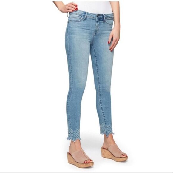 Sam Edelman Mid Rise Skinny Ankle Jeans Frayed Embroidered Ankle Denim Stretch - Picture 1 of 12